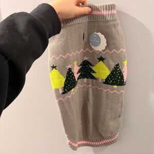Grey Knit Dog Sweater with Colorful Tree Design - L